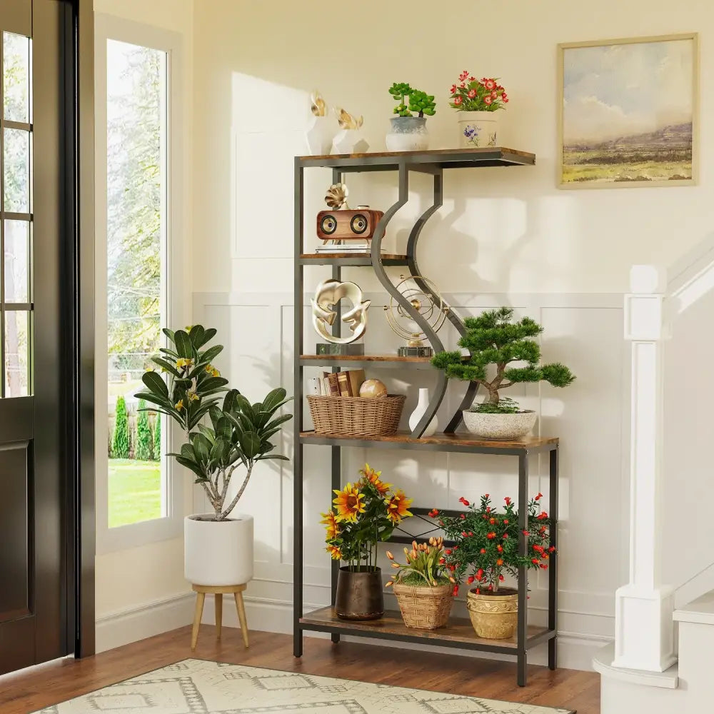 Black metal and wood 5-tier industrial plant stand shelf with curved design for indoor plant display