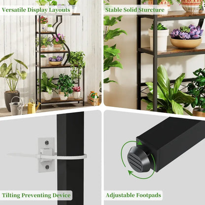 Black metal plant stand with wooden shelves and adjustable footpads in decorbites™ large 5-tier industrial plant stand shelf