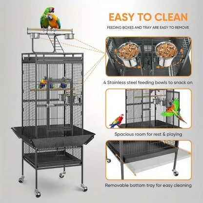 Black metal large bird cage with wheels and multiple levels for parrots made of non-toxic steel by DecorBites