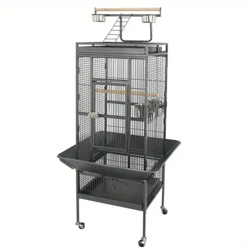 Black metal large bird cage with wooden perches and feeding stations on wheeled stand by decorbites steel frame