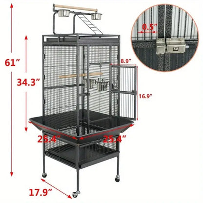 Black metal large bird cage with sliding door perches and food bowls on top made of non toxic steel by DecorBites