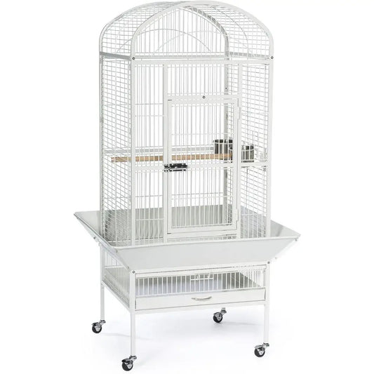 Decorbites large chalk white bird cage with arched top, white metal, wooden perch, and tray base on wheels