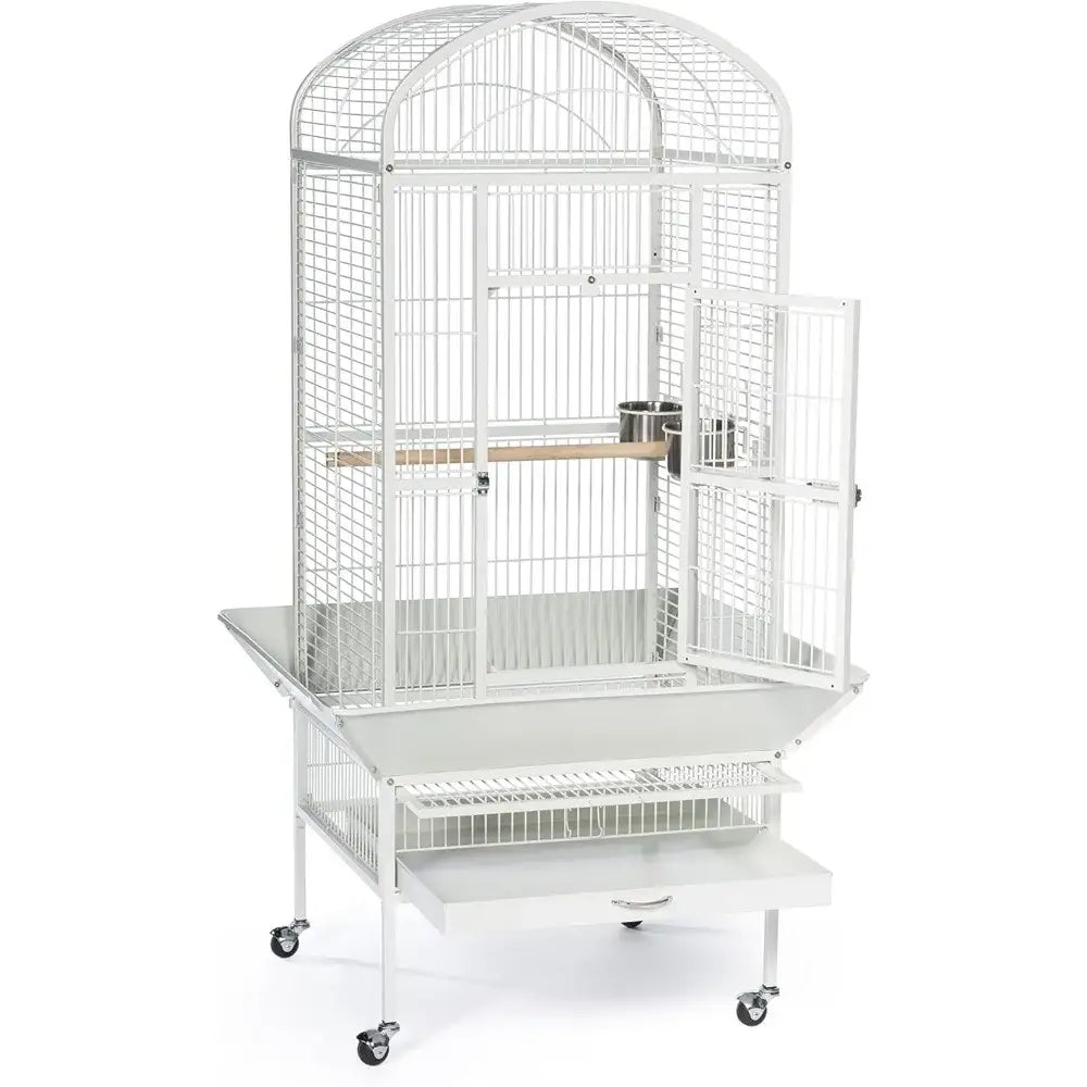 DecorBites large chalk white bird cage in white metal with arched top, wooden perch, and wheeled base
