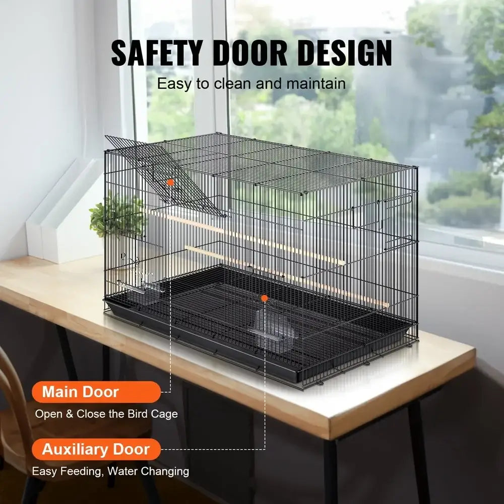 Decorbites™ large metal bird cage in black with safety door design and wooden perches for cockatiels and parakeets