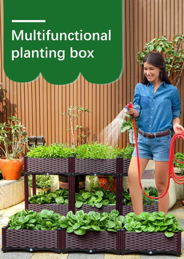Decorbites large brown woven plastic flower pot with three tiers filled with green plants for indoor and outdoor gardening