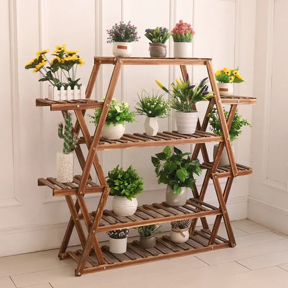 Decorbites large wood flower rack plant stand with four slatted shelves holding potted plants in white and gray pots