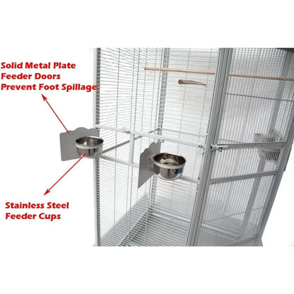 Stainless steel feeder cups mounted on metal plates in the decorbites wrought iron large parrot cage with rolling base