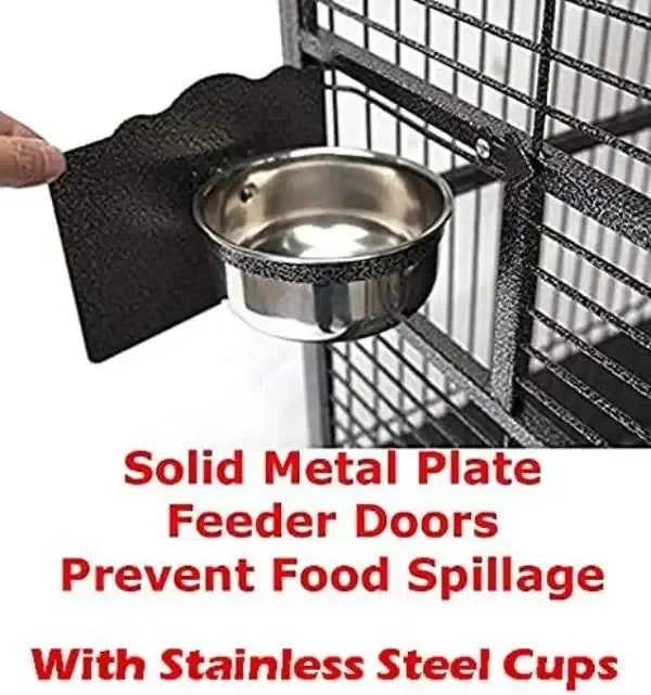 Black textured wrought iron parrot cage plate with stainless steel cup for flight bird feeding in decorbites large cage