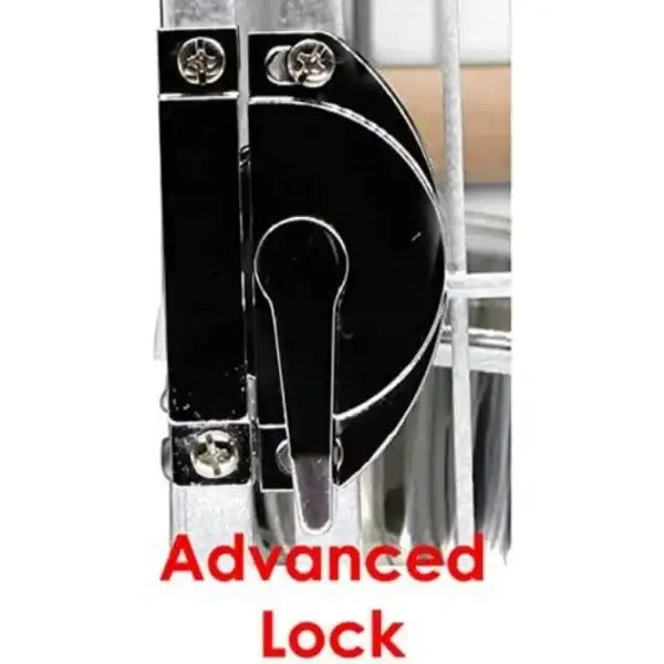 Black metal latch lock with curved design and three screws on DecorBites™ wrought iron parrot cage for flight birds