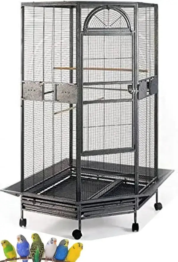 DecorBites™ large black wrought iron parrot cage with arched top, wooden perches, and wheeled rolling base for flight birds