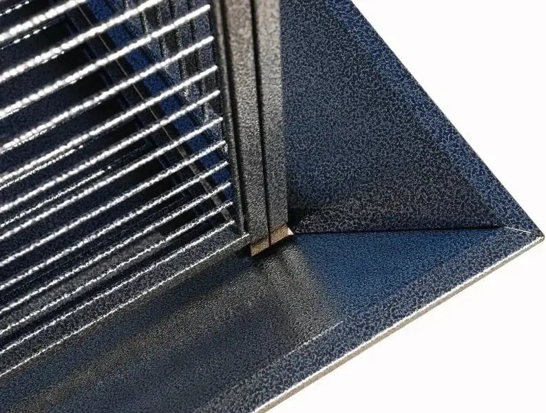 Dark blue textured metal vent cover with parallel slats for wrought iron flight bird decorbites large parrot cage