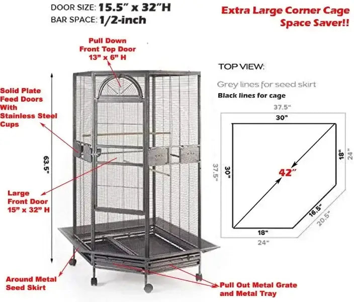 Decorbites large wrought iron parrot cage in black metal with solid feed doors and stainless steel cups for flight birds