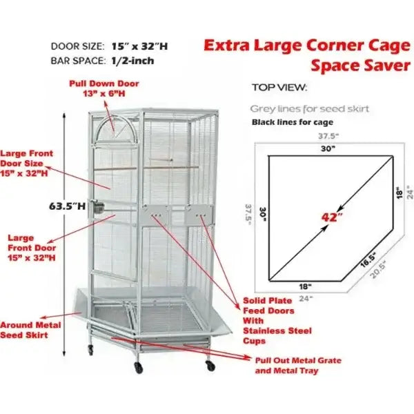 DecorBites large wrought iron parrot cage with silver metal bars, solid feed doors, and stainless steel rolling tray
