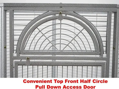 Gray wrought iron parrot cage with arched front door and decorative lattice design for flight bird housing