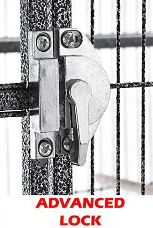 Silver-toned metal gate lock with lever handle on black mesh fencing of DecorBites wrought iron large parrot cage