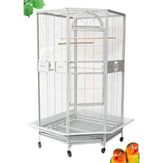 Decorbites™ large silver wrought iron parrot cage with arched top, multiple perches, sliding doors, and rolling base