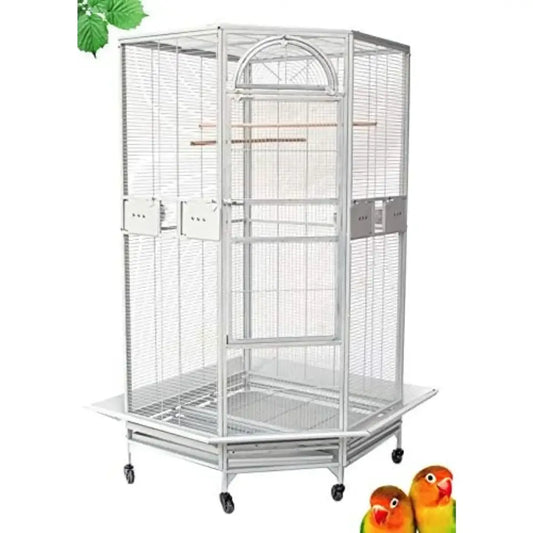 Decorbites™ large silver wrought iron parrot cage with arched top, multiple perches, sliding doors, and rolling base