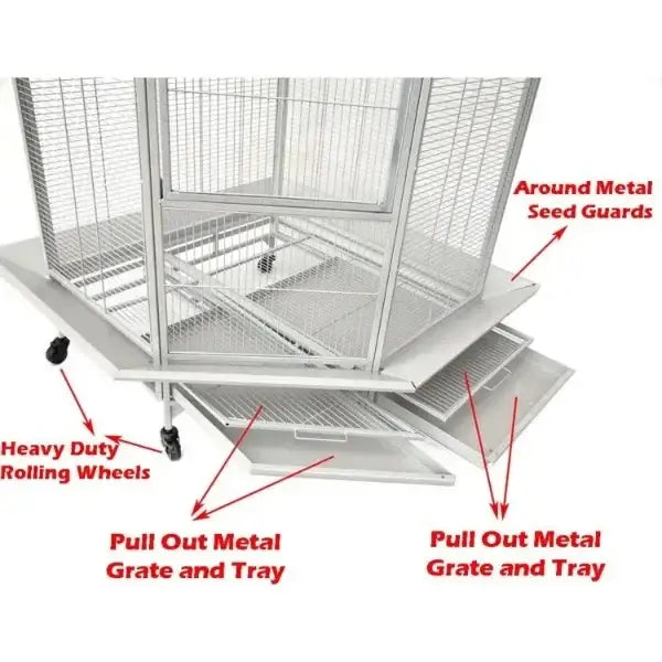 Decorbites™ large silver wrought iron parrot cage with rolling wheels and pull-out trays for flight bird housing