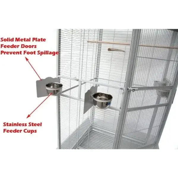 Silver stainless steel feeder cups with solid metal plate doors attached to a wrought iron decorbites parrot cage