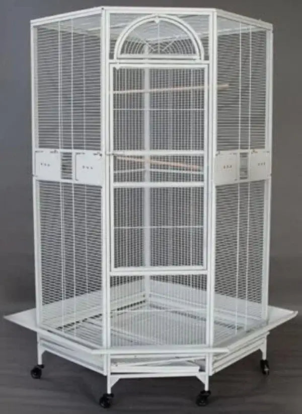 Decorbites large wrought iron white hexagonal parrot cage with arched top and wheeled base for flight birds