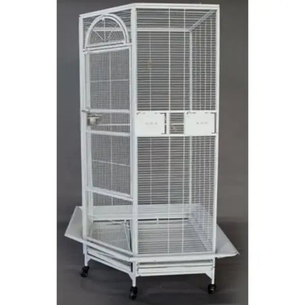 White wrought iron large parrot cage with arched top and rolling base designed for flight bird safety and comfort