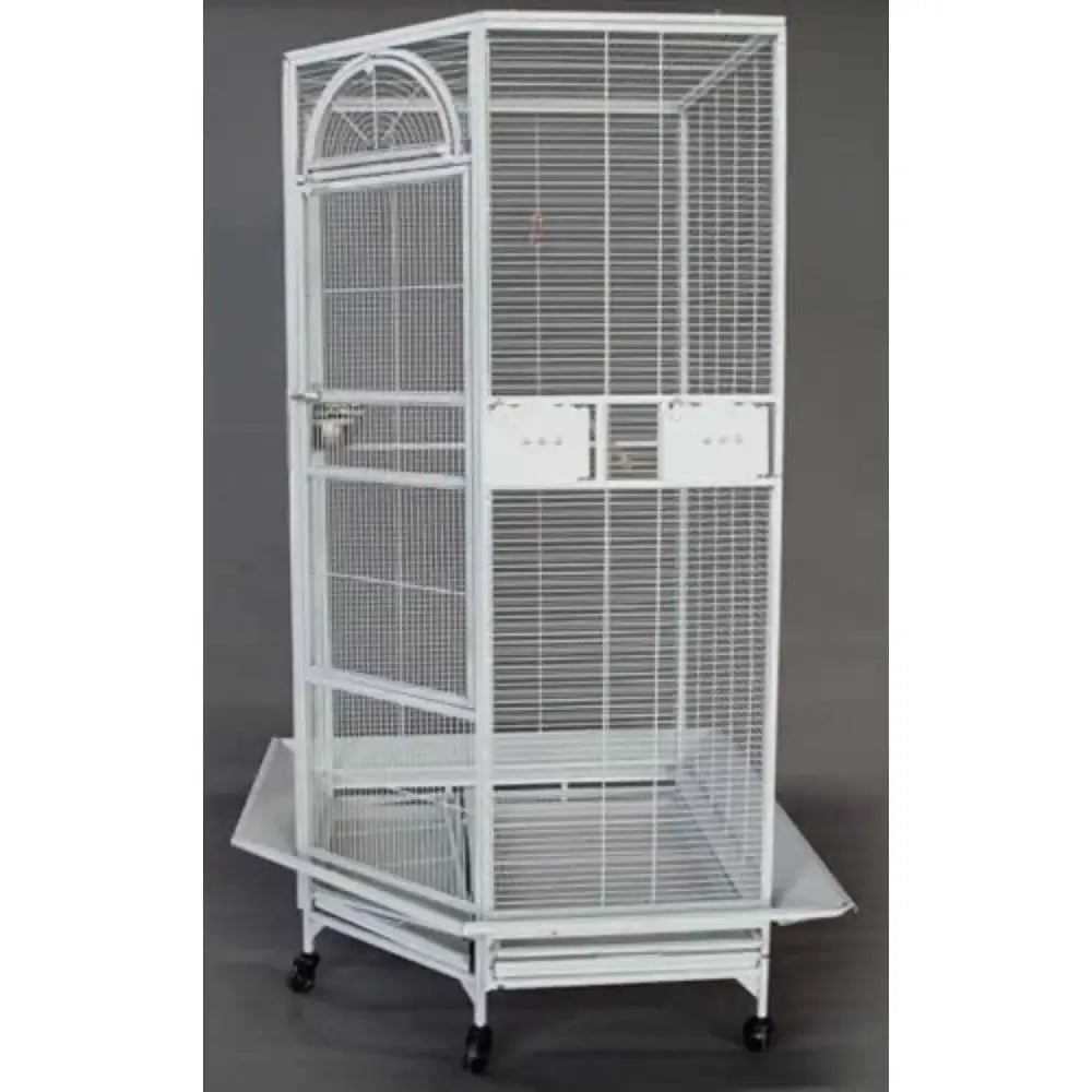 White wrought iron parrot cage with arched top and wheeled base for flight bird housing by decorbites