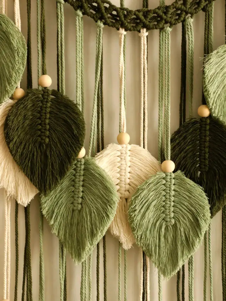 Decorbites™ leaf macrame wall hanging with olive and cream woven leaves and wooden bead accents for boho home decor