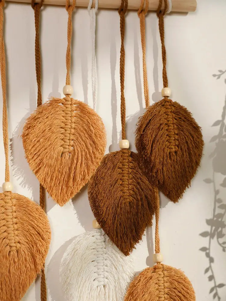 DecorBites™ handcrafted macrame wall hanging in brown and green with fringed edges and wooden beads for boho decor