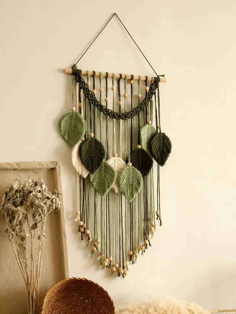 Decorbites™ leaf macrame wall hanging with green cream woven leaf accents wooden beads on natural wood dowel for home decor