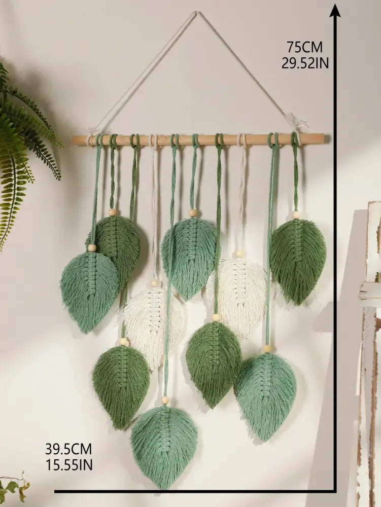 Decorbites™ green and white macrame wall hanging leaf tapestry with wooden dowel for boho home decoration