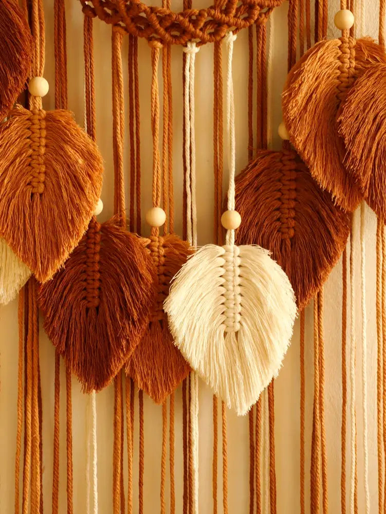 Decorbites™ leaf macrame wall hanging with handcrafted brown and cream woven yarn leaves and fringe for boho decor