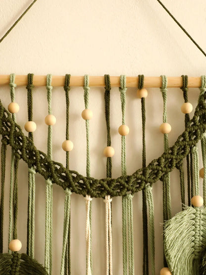 Olive green macrame wall hanging with wooden beads and tassels decorbites™ leaf tapestry for boho home decor