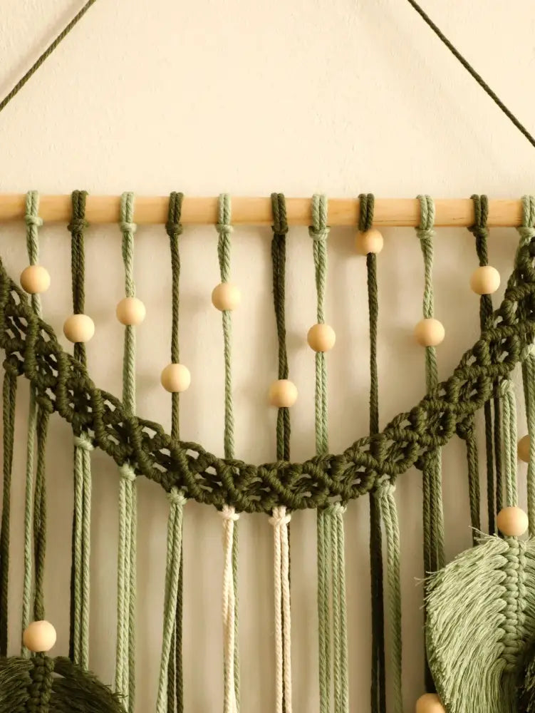 Olive green macrame wall hanging with wooden beads and tassels decorbites™ leaf tapestry for boho home decor