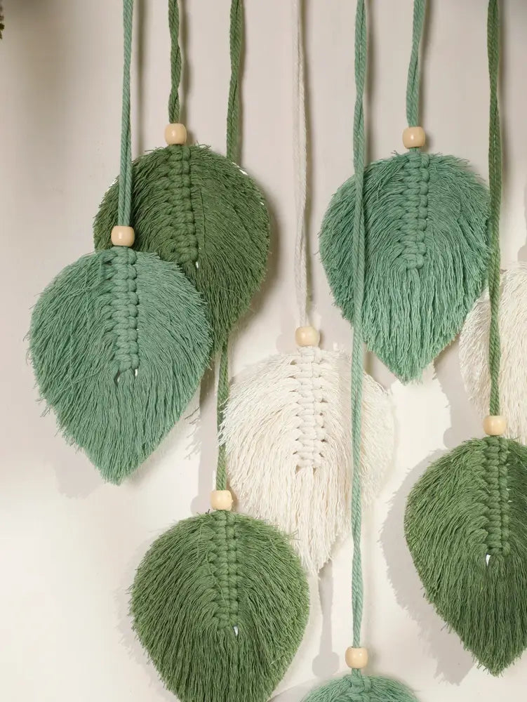 Decorbites™ green macrame leaf wall hanging with wooden beads boho tapestry for home living room decor