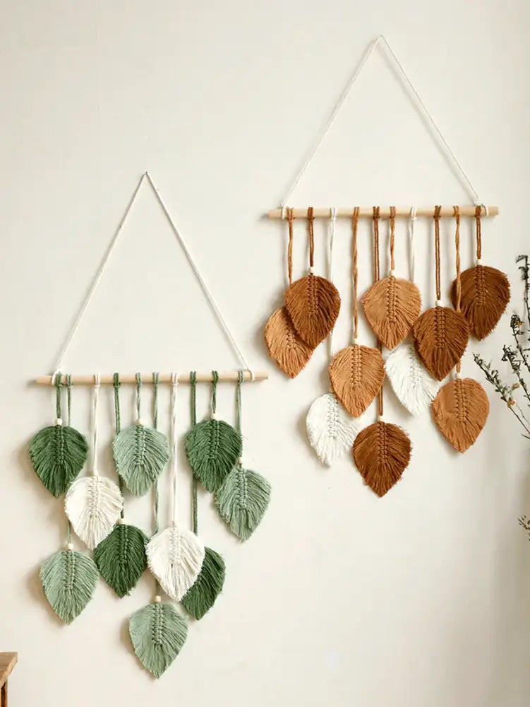 Decorbites™ leaf macrame wall hanging in earthy green, beige, and white tones for boho home decor and living room accents