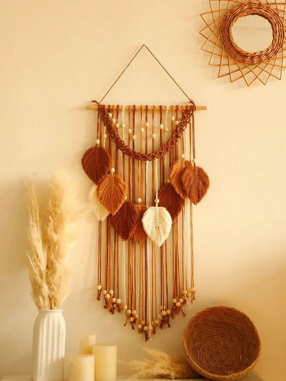 Decorbites™ leaf macrame wall hanging in earthy brown and cream tones with woven leaves and wooden beads for boho decor