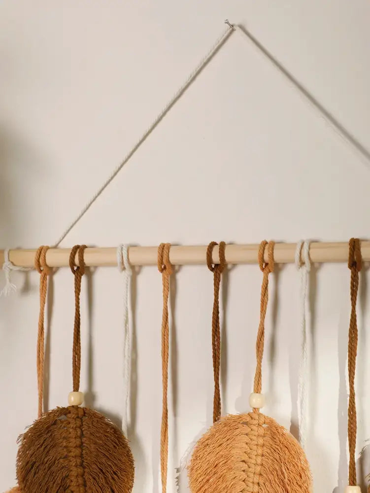 Decorbites™ tan macrame wall hanging with woven rope and wooden beads for boho home living room decor