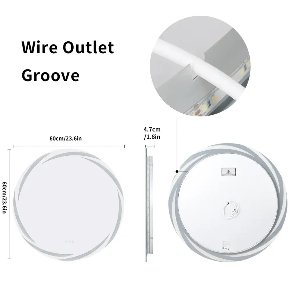 Decorbites™ led backlit round bathroom vanity mirror with circular led ceiling light, white finish, concentric ring design, and cable groove