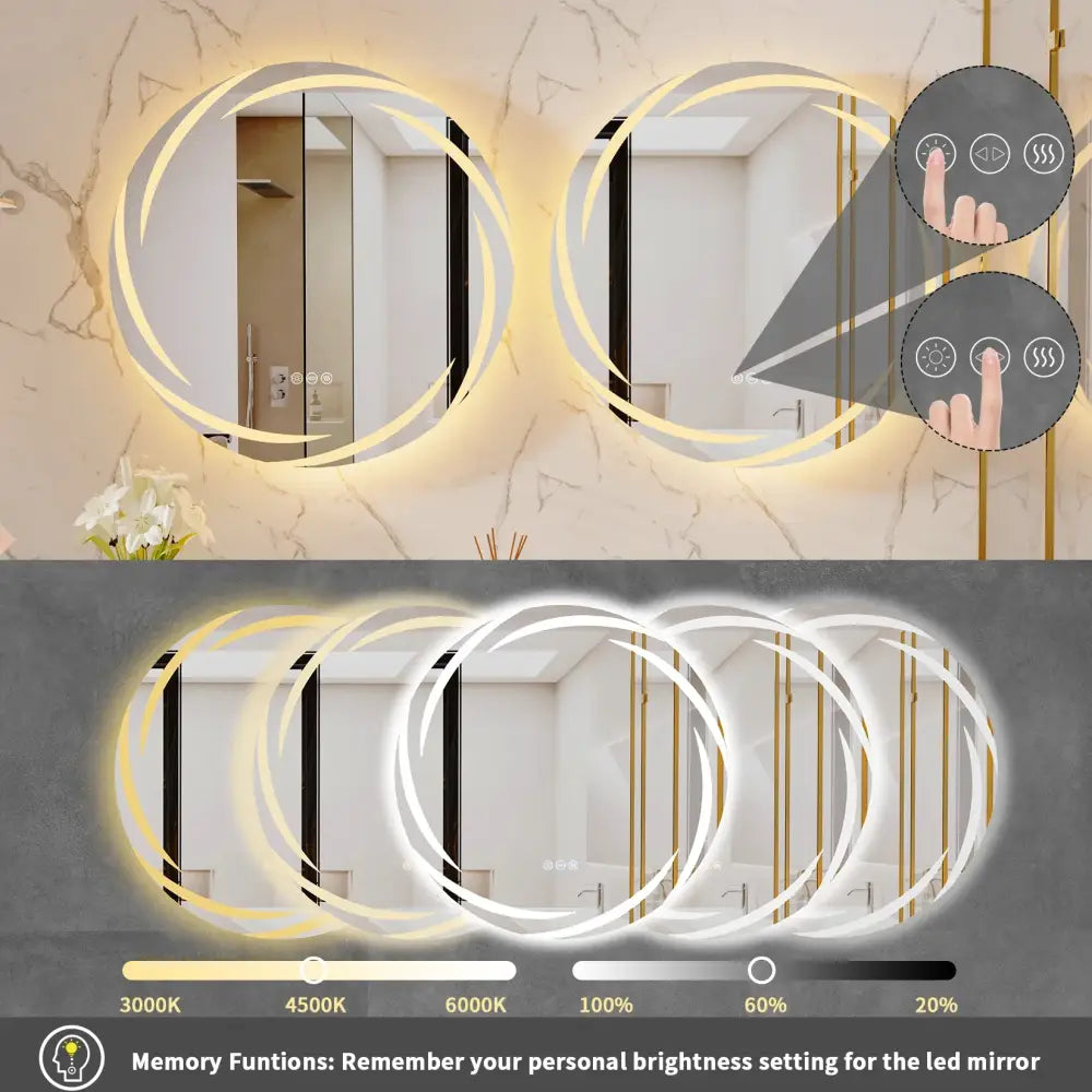 DecorBites™ led backlit round bathroom vanity mirror with sleek design and warm and cool white lighting options