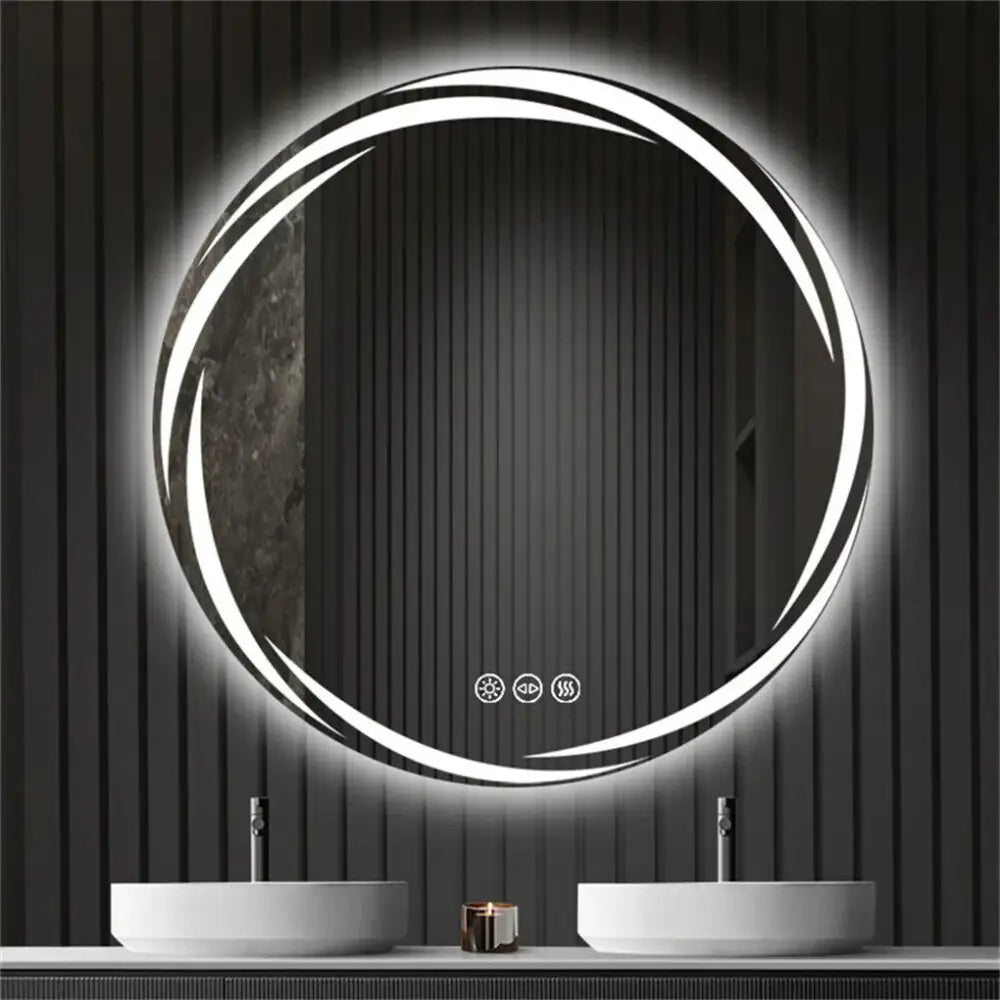 Decorbites™ led backlit round bathroom vanity mirror with sleek modern design, two glowing rings, and three control buttons