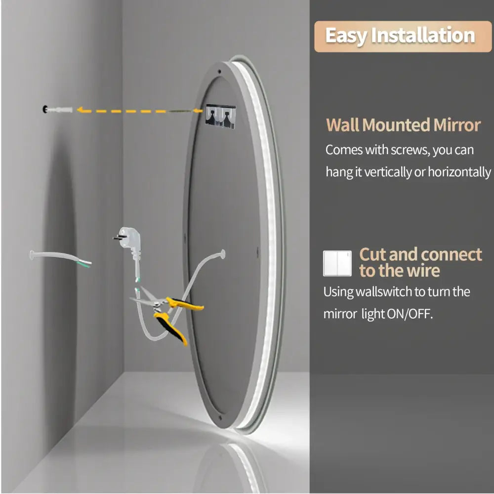 Decorbites™ led backlit round bathroom vanity mirror with circular sleek design and soft white edge lighting