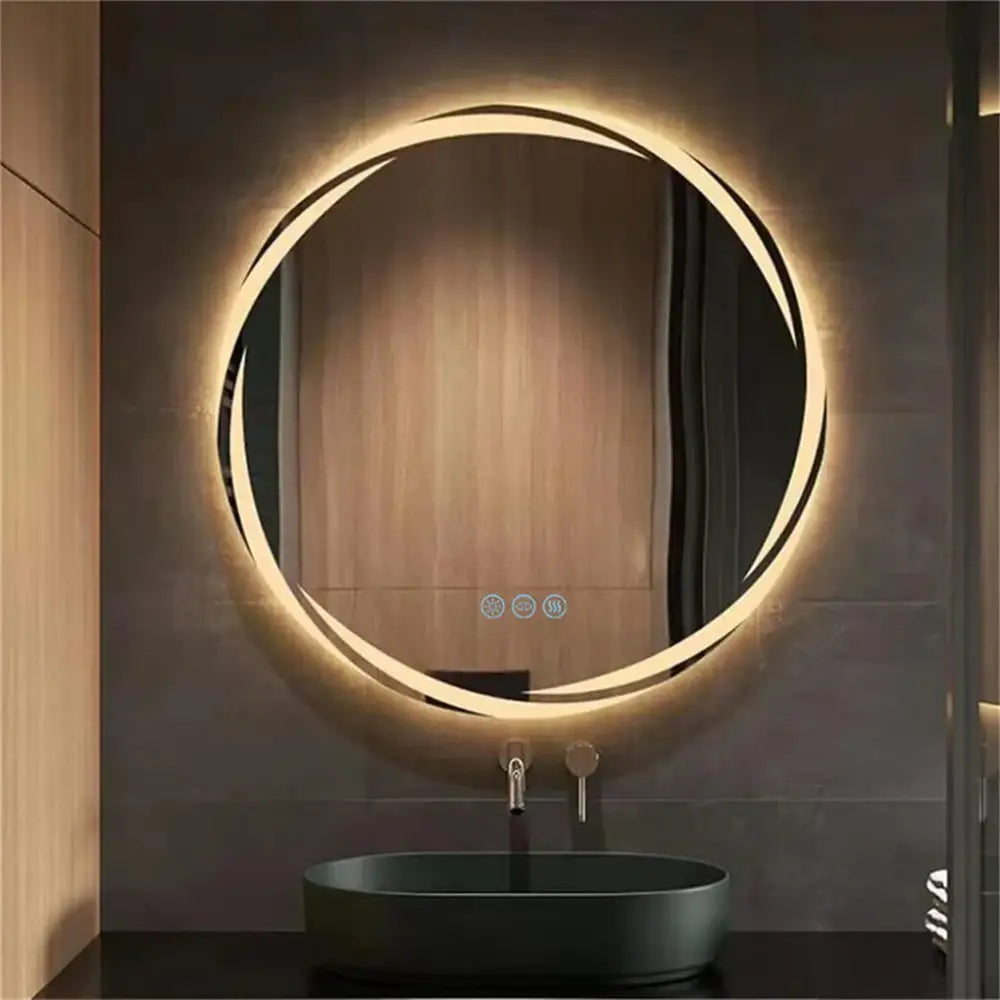 DecorBites™ led backlit round bathroom vanity mirror with warm glowing led light ring and sleek metallic controls