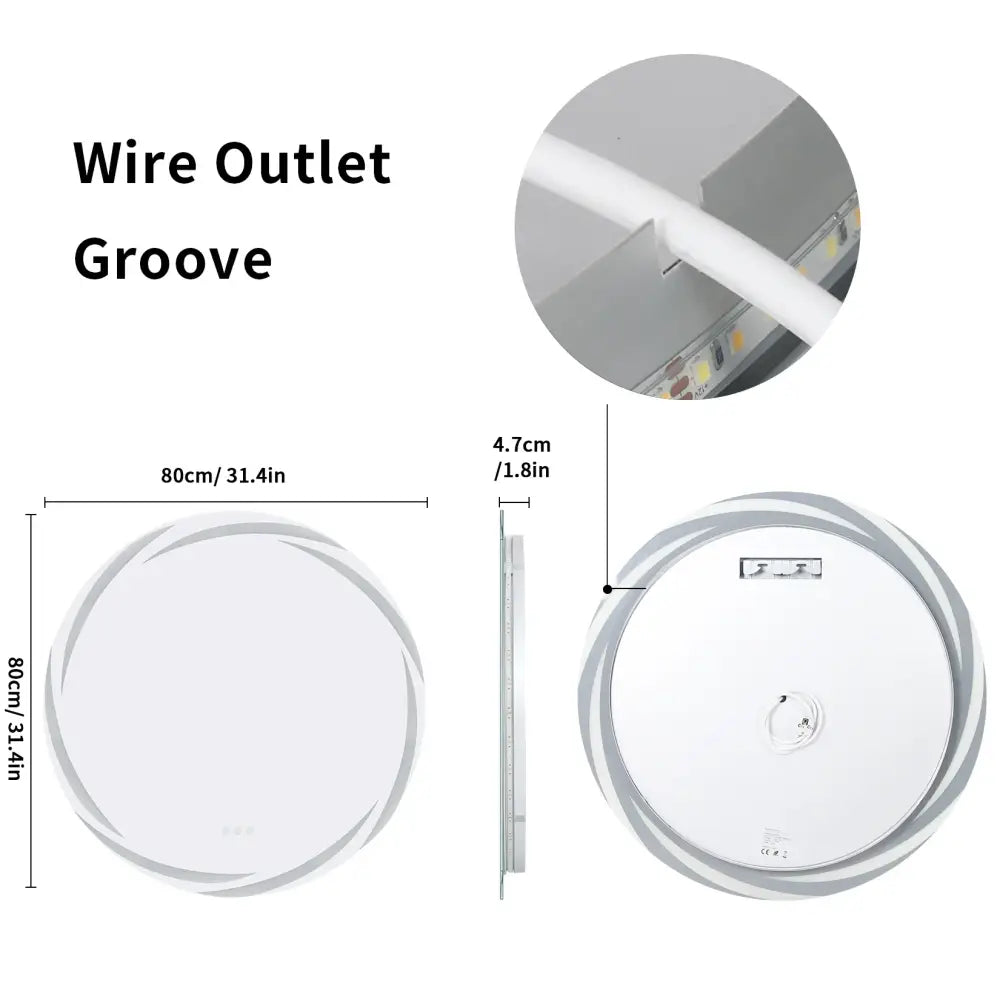 DecorBites led backlit round bathroom vanity mirror with a circular white led ceiling light and silver trim modern design