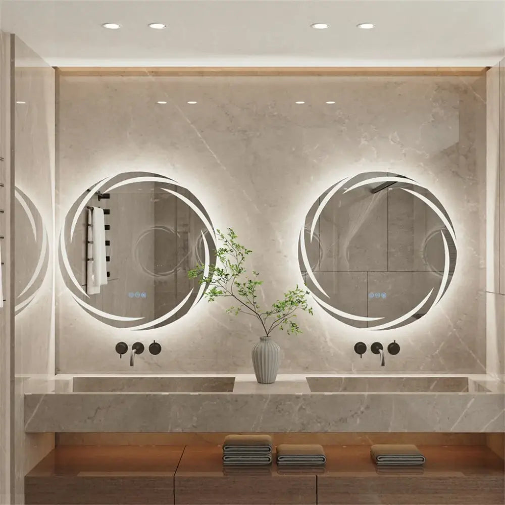 Two decorbites™ led backlit round bathroom vanity mirrors with sleek modern frames mounted on marble wall