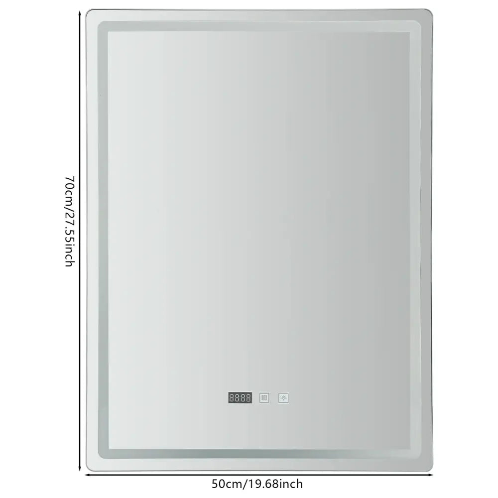 Silver-framed rectangular LED bathroom mirror with integrated digital display and control buttons for adjustable brightness