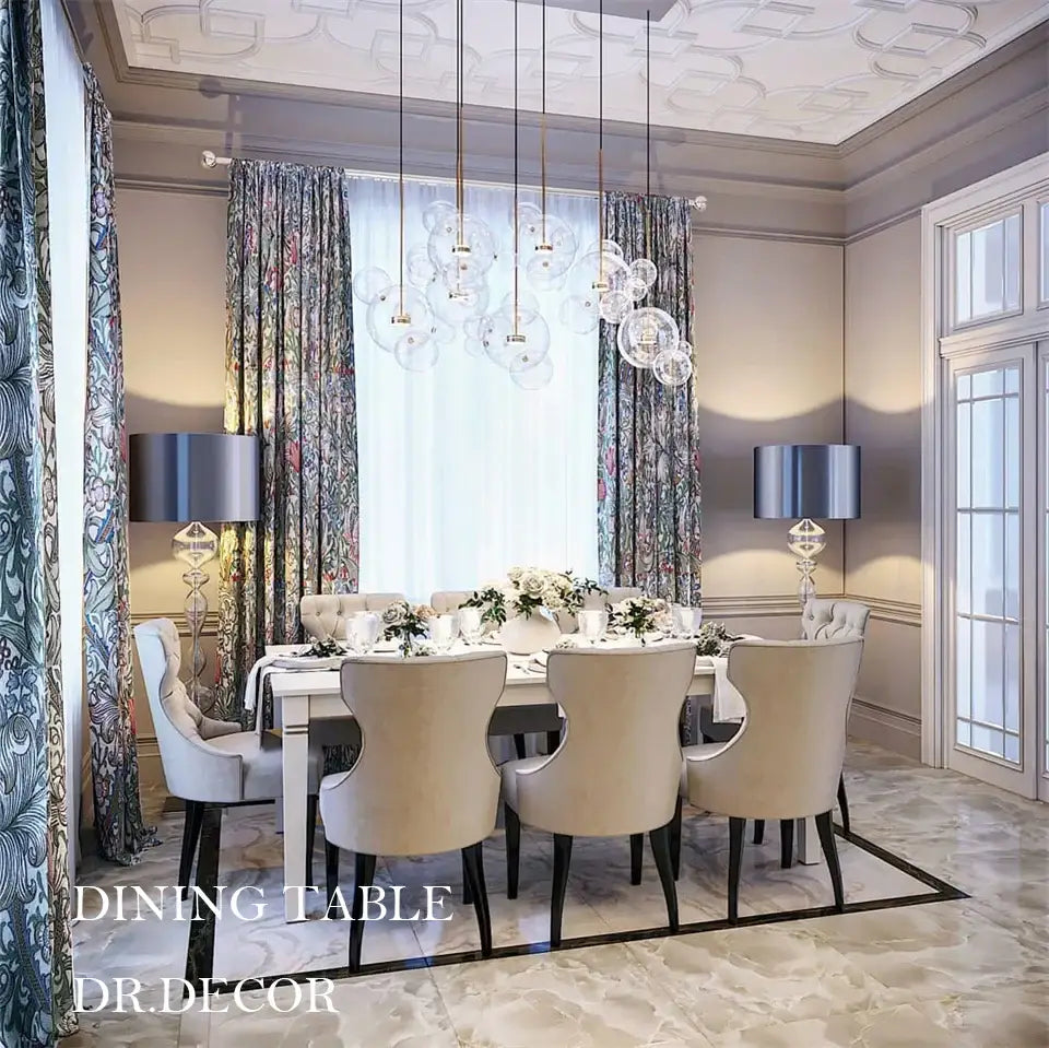 Beige upholstered dining table with sleek black legs and polished white surface under decorbites™ nordic decor led chandelier