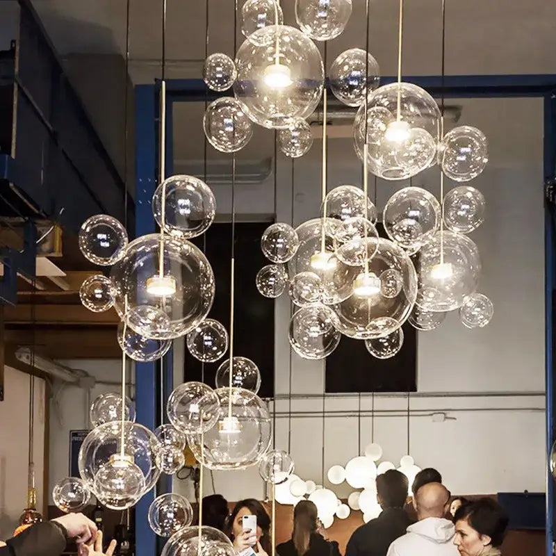 Decorbites™ clear glass bubble chandelier with multiple spherical bulbs in nordic decor led style for home lighting