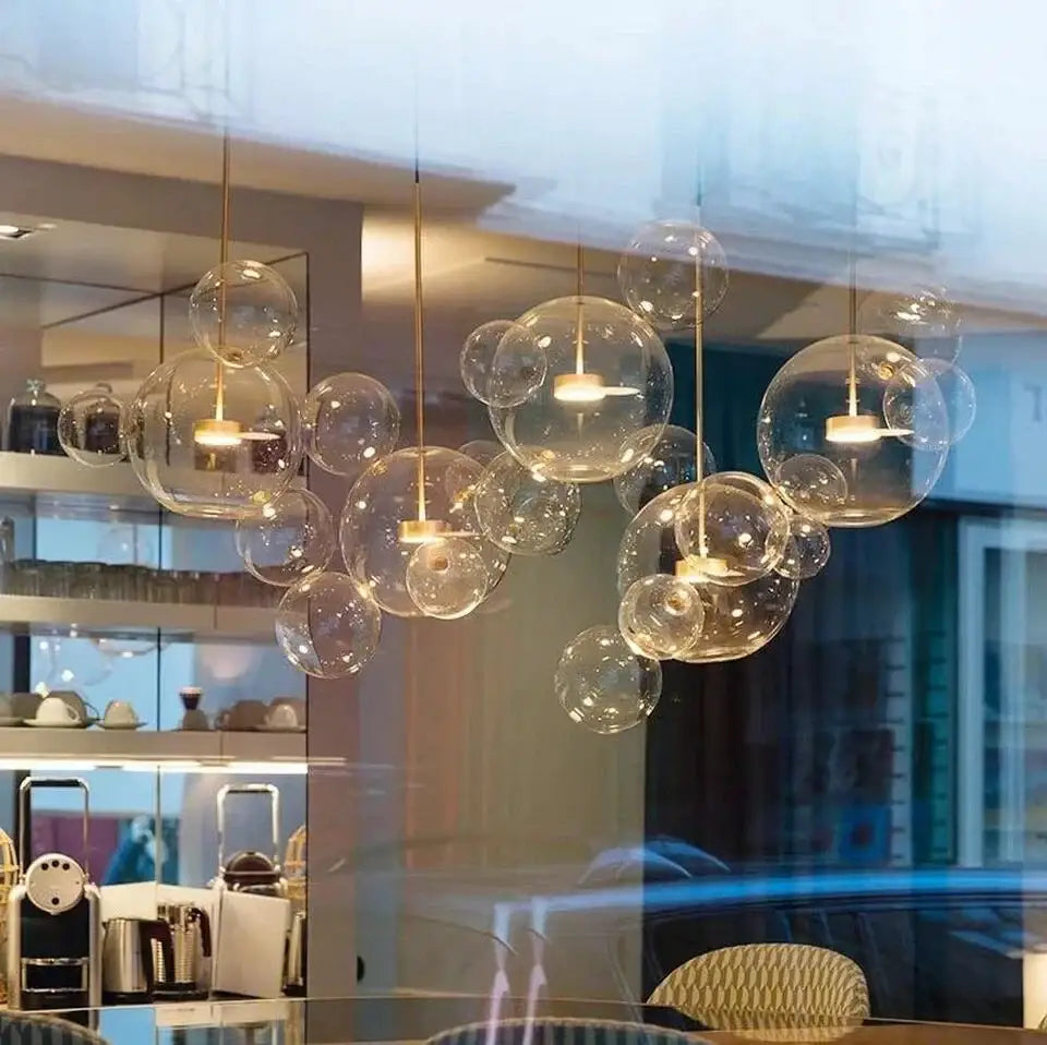 Decorbites™ led bubble chandelier featuring clear glass bubble pendant lights with warm golden nordic decor led fixtures
