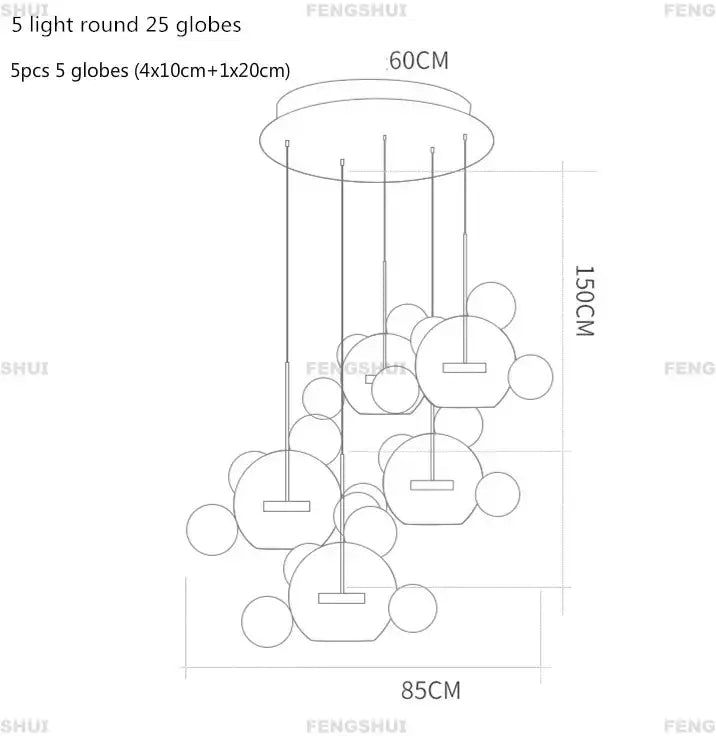 DecorBites™ LED bubble chandelier with five round LED globes in nordic decor style for modern home lighting