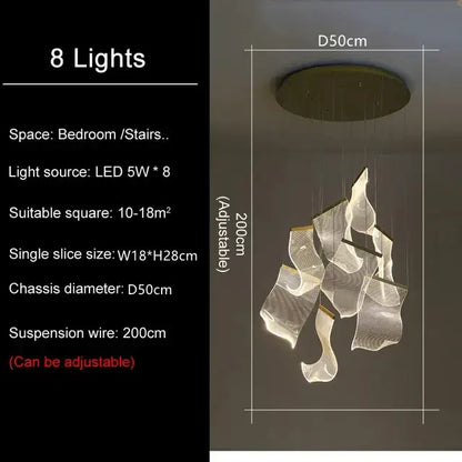 DecorBites™ modern led ceiling chandelier with eight translucent glass shades and brass base for living room lighting